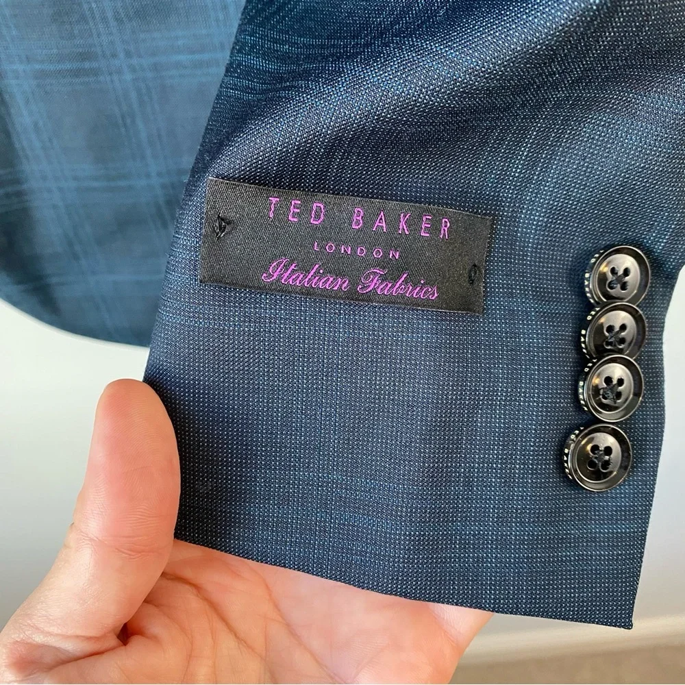 Ted Baker Endurance Roger Extra Slim Fit Wool Suit Jacket Teal Blue Plaid 40L‎